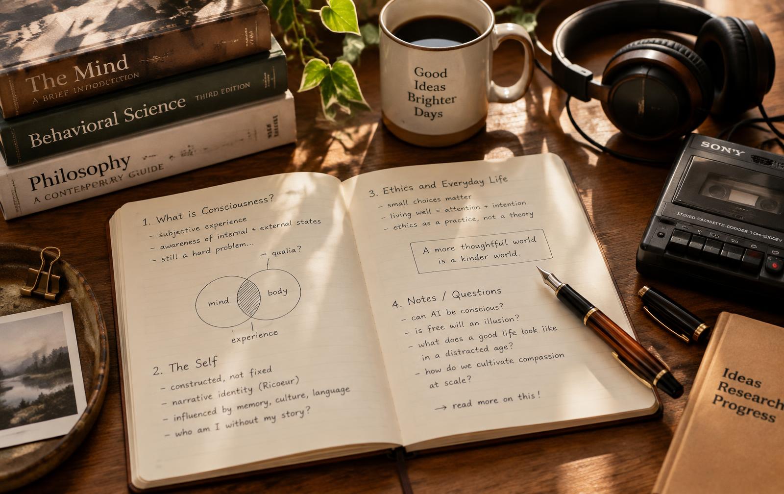 Open handwritten study notebook on a desk with textbooks, headphones and a recorder